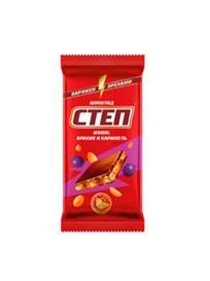 Шоколад молочный с начинкой "Степ" с изюмом, арахисом и карамелью 80г