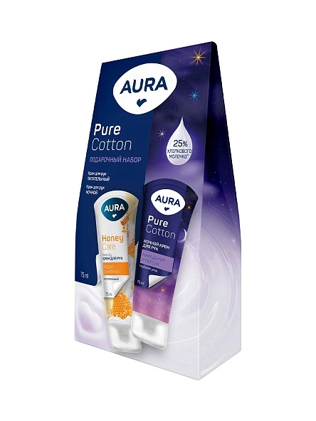 Подарочный набор AURA Pure Cotton: Крем для рук «Питательный» с D-пантенолом и экстрактом мёда 75 мл + Крем для рук Ночной 75 мл картон