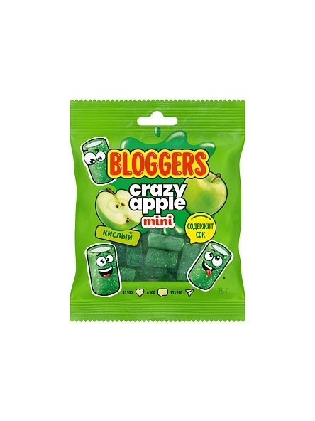 Мармелад BLOGGERS "Крейзи Эйпл" (мини-трубочка) в кисло-сладкой обсыпке жеват. со вкусом яблока с желейн. нач. 75г