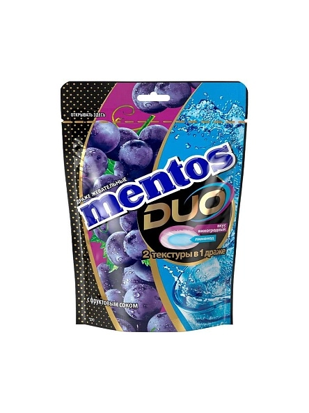 Драже жевательные "MENTOS DUO (ДУО)" со вкусом виноградного лимонада/ Mentos Duo Soda Grape, 45г_ 16х10шт