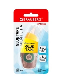Клей-лента BRAUBERG, 6 мм х 8 м, корпус жёлтый, блистер, 273028