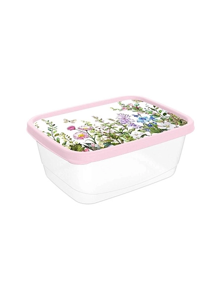 Контейнер для продуктов прямоугольный 0,85л с декором "Цветущий луг" (светло-розовый)