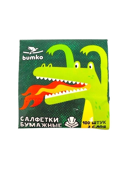 Салфетки бумажные "BUMKO" листовые V-сложения  в пленке 100л белые 2-х слойные 100*200 мм. Кошка-Крокодил