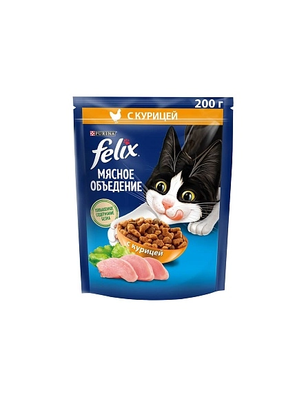 Сухой корм Felix Мясное объедение для взрослых кошек, с курицей 200 г