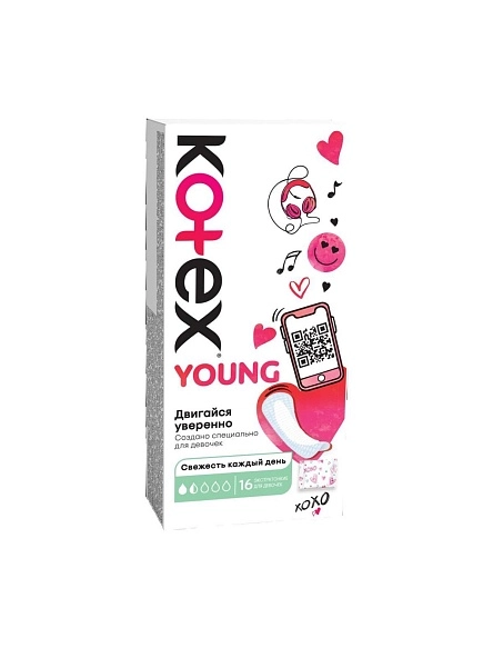 Прокладки женские гигиенические ежедневные Kotex YOUNG (Котекс ЯНГ) экстратонкие для девочек 16шт