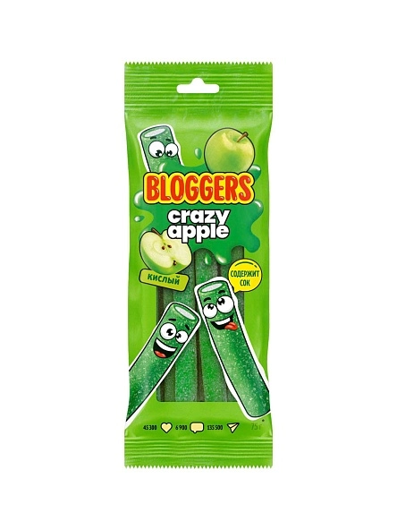 Мармелад BLOGGERS Крейзи Эйпл" (трубочка) в кисло-сладкой обсыпке 75г