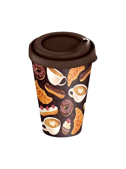 Стакан с крышкой 420мл с декором с клапаном "Кофейная пауза" (темно-коричневый)