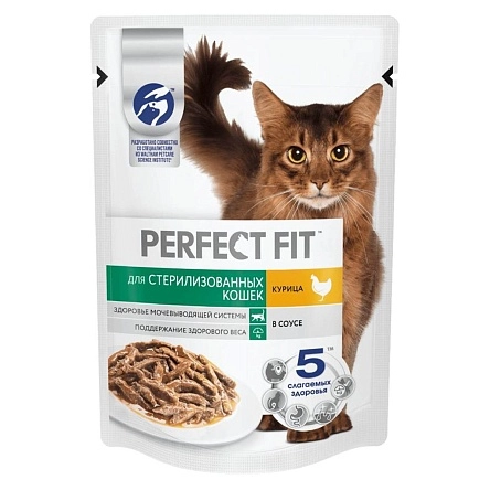 Корм  Perfect Fit для стерилизованных кошек,курица в соусе, 75 г