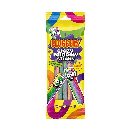 Мармелад BLOGGERS  "Крейзи Рэйнбоу Стикс" (трубочка) в кисло-слад. обсып. жеват. со вк. тутти-фрутти с желейн. нач., 75 г
