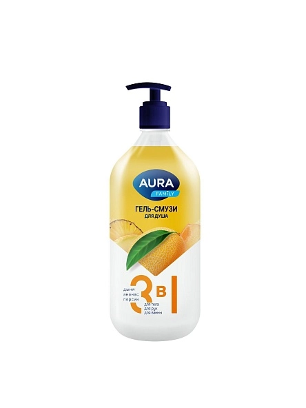 Гель-смузи для душа 3в1 дыня, ананас, персик AURA Family NEW флакон/дозатор 1000мл