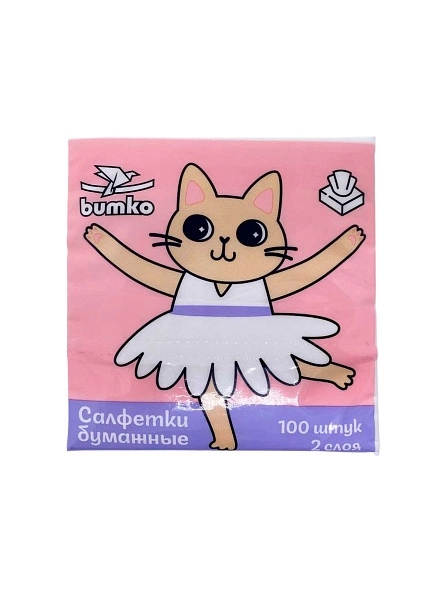 Салфетки бумажные "BUMKO" листовые V-сложения  в пленке 100л белые 2-х слойные 100*200 мм. Кошка-Крокодил