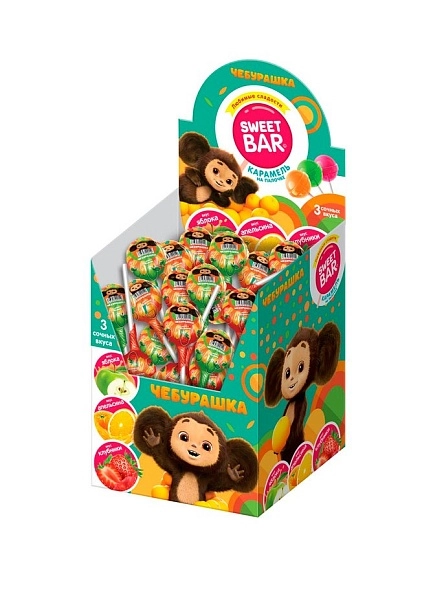Карамель на палочке со вкусами апельсина, клубники, яблока "SWEET BAR" (ЧЕБУРАШКА) 11г