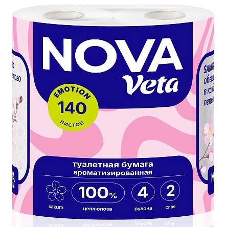 Бумага туалетная "NOVA VETA "EMOTION sakura"" двухслойная, 100% целлюлоза, 4 рулона
